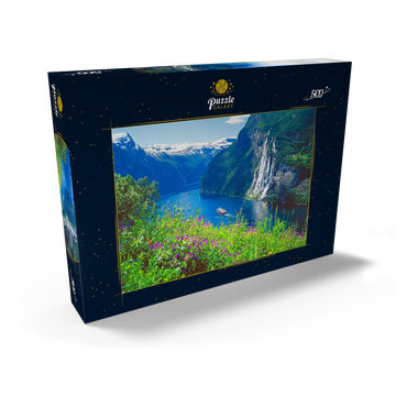 Darstellung des Puzzle Motivs Geiranger Fjord und Sieben Schwestern Wasserfall, Mittelnorwegen, Norwegen 500 Puzzle Schachtel Ansicht2