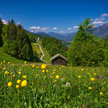 Darstellung des Puzzle Motivs Weg nach Wamberg gegen Zugspitze (2962m), Daniel (2340m) in Tirol, und Kramer (1985m) 1000 Puzzle 3D Modell