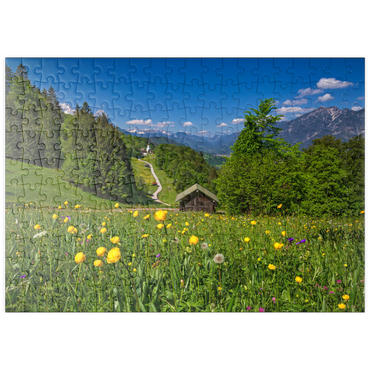 Darstellung des Puzzle Motivs puzzleplate Weg nach Wamberg gegen Zugspitze (2962m), Daniel (2340m) in Tirol, und Kramer (1985m) 200 Puzzle