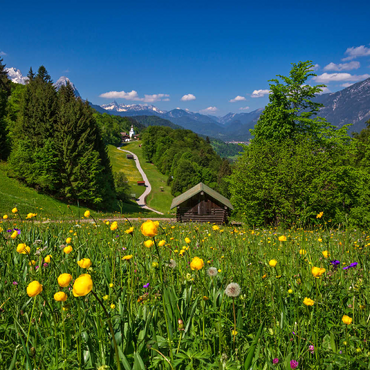 Darstellung des Puzzle Motivs Weg nach Wamberg gegen Zugspitze (2962m), Daniel (2340m) in Tirol, und Kramer (1985m) 200 Puzzle 3D Modell