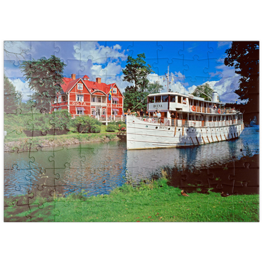 Darstellung des Puzzle Motivs puzzleplate Göta Hotel am Göta Kanal mit dem Kabinenschiff Diana, Borensberg, Östergötland, Schweden 100 Puzzle