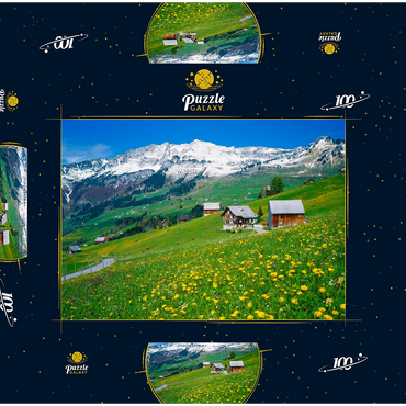 Darstellung des Puzzle Motivs Bauernhöfe gegen Mattstock (1936m), Amden, Kanton St. Gallen, Schweiz 100 Puzzle Schachtel 3D Modell