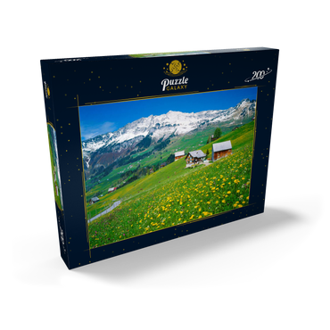 Darstellung des Puzzle Motivs Bauernhöfe gegen Mattstock (1936m), Amden, Kanton St. Gallen, Schweiz 200 Puzzle Schachtel Ansicht2