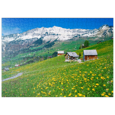 Darstellung des Puzzle Motivs puzzleplate Bauernhöfe gegen Mattstock (1936m), Amden, Kanton St. Gallen, Schweiz 500 Puzzle
