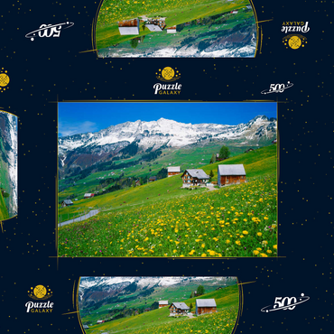 Darstellung des Puzzle Motivs Bauernhöfe gegen Mattstock (1936m), Amden, Kanton St. Gallen, Schweiz 500 Puzzle Schachtel 3D Modell