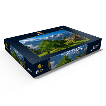 Darstellung des Puzzle Motivs Isenfluh, Weiler Sulwald (1520m) Hütte gegen Eiger (3970m), Mönch (4107m) und Jungfrau (4158m) 1000 Puzzle Schachtel Ansicht1