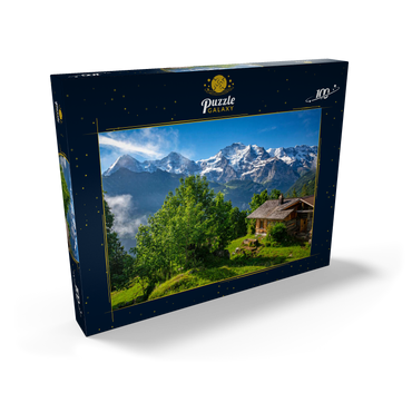 Darstellung des Puzzle Motivs Isenfluh, Weiler Sulwald (1520m) Hütte gegen Eiger (3970m), Mönch (4107m) und Jungfrau (4158m) 100 Puzzle Schachtel Ansicht2