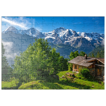 Darstellung des Puzzle Motivs puzzleplate Isenfluh, Weiler Sulwald (1520m) Hütte gegen Eiger (3970m), Mönch (4107m) und Jungfrau (4158m) 100 Puzzle