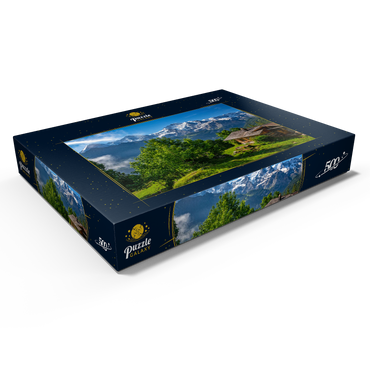 Darstellung des Puzzle Motivs Isenfluh, Weiler Sulwald (1520m) Hütte gegen Eiger (3970m), Mönch (4107m) und Jungfrau (4158m) 500 Puzzle Schachtel Ansicht1