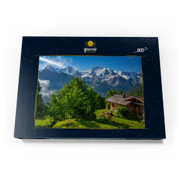 Darstellung des Puzzle Motivs Isenfluh, Weiler Sulwald (1520m) Hütte gegen Eiger (3970m), Mönch (4107m) und Jungfrau (4158m) 500 Puzzle Schachtel Ansicht3
