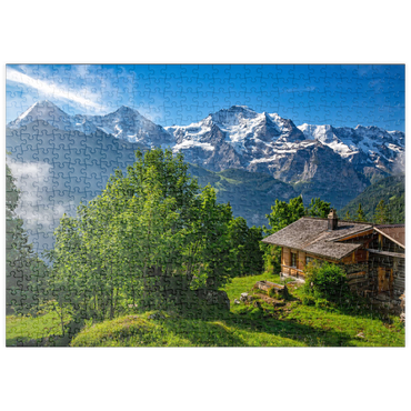 Darstellung des Puzzle Motivs puzzleplate Isenfluh, Weiler Sulwald (1520m) Hütte gegen Eiger (3970m), Mönch (4107m) und Jungfrau (4158m) 500 Puzzle