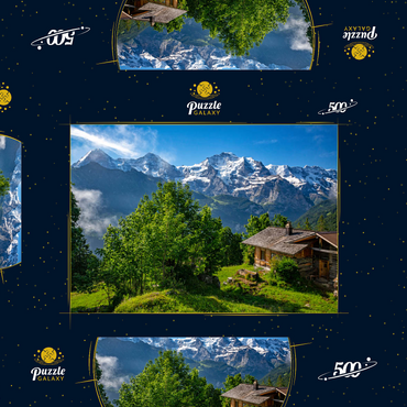 Darstellung des Puzzle Motivs Isenfluh, Weiler Sulwald (1520m) Hütte gegen Eiger (3970m), Mönch (4107m) und Jungfrau (4158m) 500 Puzzle Schachtel 3D Modell