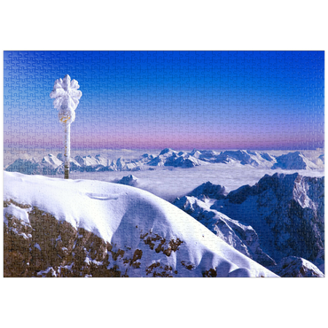 Darstellung des Puzzle Motivs puzzleplate Gipfelkreuz der Zugspitze gegen Bayerische- und Österreichische Alpen, Oberbayern, Bayern, Deutschland 1000 Puzzle