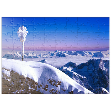 Darstellung des Puzzle Motivs puzzleplate Gipfelkreuz der Zugspitze gegen Bayerische- und Österreichische Alpen, Oberbayern, Bayern, Deutschland 100 Puzzle