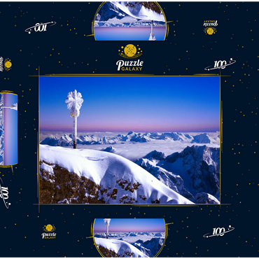 Darstellung des Puzzle Motivs Gipfelkreuz der Zugspitze gegen Bayerische- und Österreichische Alpen, Oberbayern, Bayern, Deutschland 100 Puzzle Schachtel 3D Modell