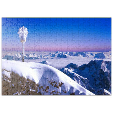 Darstellung des Puzzle Motivs puzzleplate Gipfelkreuz der Zugspitze gegen Bayerische- und Österreichische Alpen, Oberbayern, Bayern, Deutschland 200 Puzzle