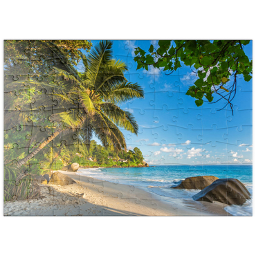 Darstellung des Puzzle Motivs puzzleplate Granitfelsen am Carana Beach in der Carana Bay, Seychellen 100 Puzzle