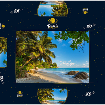 Darstellung des Puzzle Motivs Granitfelsen am Carana Beach in der Carana Bay, Seychellen 100 Puzzle Schachtel 3D Modell