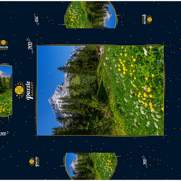 Darstellung des Puzzle Motivs Am Kreuzeck, Trollblumenwiese (Trollius europaeus) gegen Alpspitze mit Paraglider 200 Puzzle Schachtel 3D Modell
