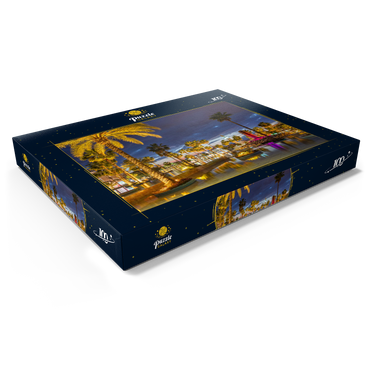 Darstellung des Puzzle Motivs Brunnen mit Palmen am Abend, Aqaba, Golf von Aqaba, Jordanien 100 Puzzle Schachtel Ansicht1