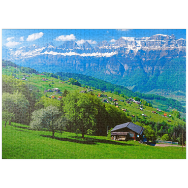 Darstellung des Puzzle Motivs puzzleplate Flumserberg mit Blick zu den Churfirsten (2306m), Kanton St. Gallen, Schweiz 1000 Puzzle