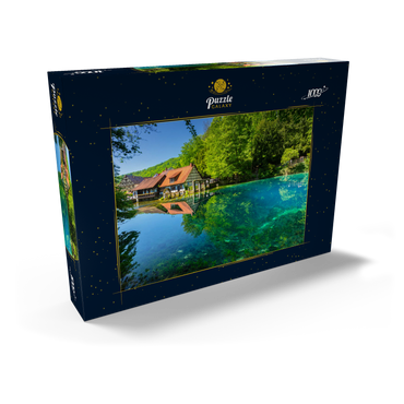 Darstellung des Puzzle Motivs Mühle am Blautopf, eine Karstquelle in Blaubeuren, Alb-Donau-Kreis 1000 Puzzle Schachtel Ansicht2