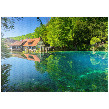 Darstellung des Puzzle Motivs puzzleplate Mühle am Blautopf, eine Karstquelle in Blaubeuren, Alb-Donau-Kreis 1000 Puzzle