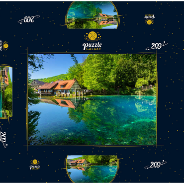 Darstellung des Puzzle Motivs Mühle am Blautopf, eine Karstquelle in Blaubeuren, Alb-Donau-Kreis 200 Puzzle Schachtel 3D Modell