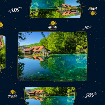 Darstellung des Puzzle Motivs Mühle am Blautopf, eine Karstquelle in Blaubeuren, Alb-Donau-Kreis 500 Puzzle Schachtel 3D Modell