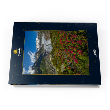 Darstellung des Puzzle Motivs Alpenrosenblüte, Großer Aletschgletscher gegen Wannenhorn (3906m) 1000 Puzzle Schachtel Ansicht3