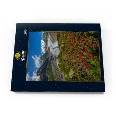 Darstellung des Puzzle Motivs Alpenrosenblüte, Großer Aletschgletscher gegen Wannenhorn (3906m) 200 Puzzle Schachtel Ansicht3