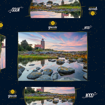 Darstellung des Puzzle Motivs Felsenküste am Svaneke Gamle Fyr, alter Leuchtturm bei Sonnenuntergang 1000 Puzzle Schachtel 3D Modell