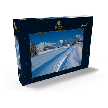 Darstellung des Puzzle Motivs Buckelwiesen bei Mittenwald gegen Wörner (2474m) und Karwendelgebirge 1000 Puzzle Schachtel Ansicht2