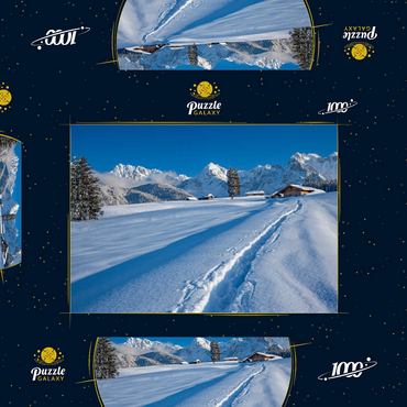 Darstellung des Puzzle Motivs Buckelwiesen bei Mittenwald gegen Wörner (2474m) und Karwendelgebirge 1000 Puzzle Schachtel 3D Modell