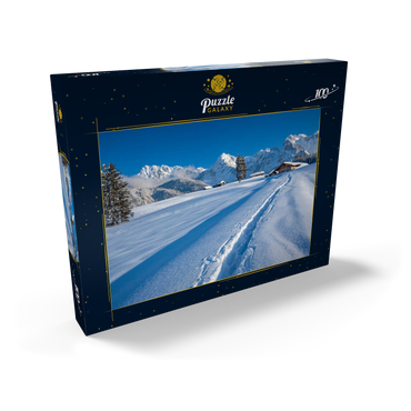 Darstellung des Puzzle Motivs Buckelwiesen bei Mittenwald gegen Wörner (2474m) und Karwendelgebirge 100 Puzzle Schachtel Ansicht2