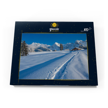 Darstellung des Puzzle Motivs Buckelwiesen bei Mittenwald gegen Wörner (2474m) und Karwendelgebirge 100 Puzzle Schachtel Ansicht3