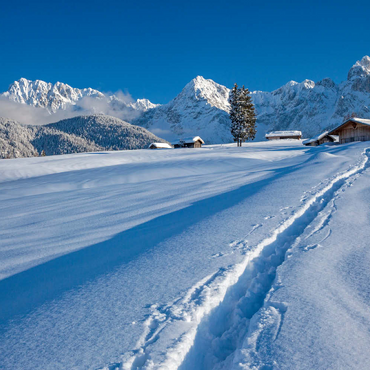 Darstellung des Puzzle Motivs Buckelwiesen bei Mittenwald gegen Wörner (2474m) und Karwendelgebirge 100 Puzzle 3D Modell