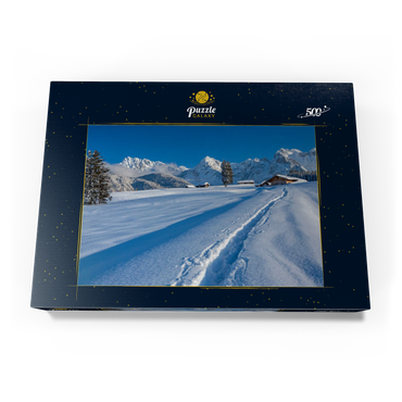 Darstellung des Puzzle Motivs Buckelwiesen bei Mittenwald gegen Wörner (2474m) und Karwendelgebirge 500 Puzzle Schachtel Ansicht3