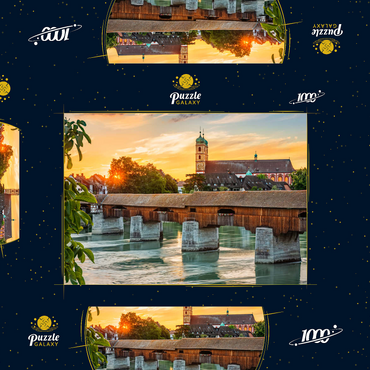 Darstellung des Puzzle Motivs Überdachte Holzbrücke und Fridolinsmünster in Bad Säckingen bei Sonnenuntergang 1000 Puzzle Schachtel 3D Modell