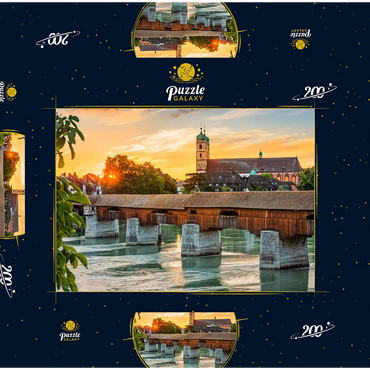 Darstellung des Puzzle Motivs Überdachte Holzbrücke und Fridolinsmünster in Bad Säckingen bei Sonnenuntergang 200 Puzzle Schachtel 3D Modell