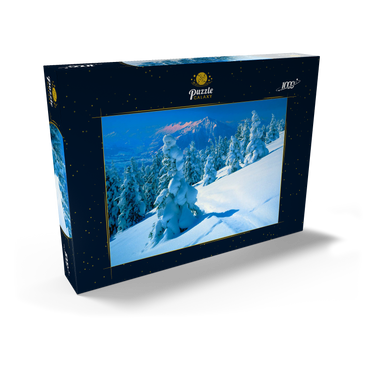 Darstellung des Puzzle Motivs Verschneite Tannen am Niederhorn (1963m) mit Blick zum Niesen (2362m) 1000 Puzzle Schachtel Ansicht2