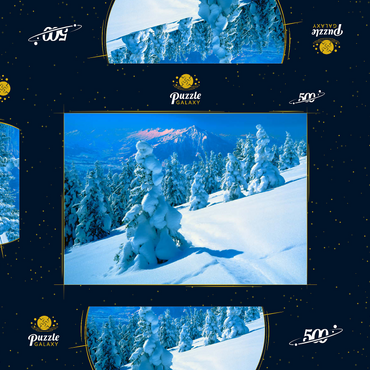 Darstellung des Puzzle Motivs Verschneite Tannen am Niederhorn (1963m) mit Blick zum Niesen (2362m) 500 Puzzle Schachtel 3D Modell