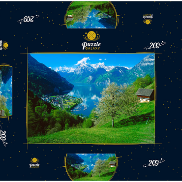 Darstellung des Puzzle Motivs Blick auf das Dorf am See gegen Gitschen und Urirotstock 200 Puzzle Schachtel 3D Modell