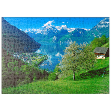 Darstellung des Puzzle Motivs puzzleplate Blick auf das Dorf am See gegen Gitschen und Urirotstock 500 Puzzle