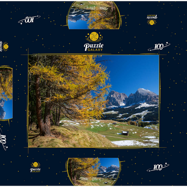Darstellung des Puzzle Motivs Herbst auf der Seiser Alm (1700 - 2300m) gegen Langkofelgruppe (3181m), Trentino-Südtirol 100 Puzzle Schachtel 3D Modell