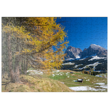 Darstellung des Puzzle Motivs puzzleplate Herbst auf der Seiser Alm (1700 - 2300m) gegen Langkofelgruppe (3181m), Trentino-Südtirol 200 Puzzle