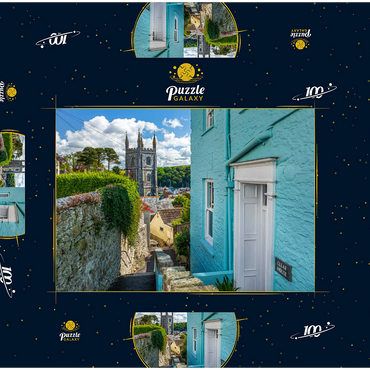 Darstellung des Puzzle Motivs Pfarrkirche St Fimbarrus in Fowey am Fowey River, Cornwall 100 Puzzle Schachtel 3D Modell