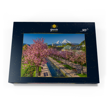 Darstellung des Puzzle Motivs Blühende Kirschbäume, Kirschblüte im Kurgarten von Berchtesgaden mit dem Watzmann 500 Puzzle Schachtel Ansicht3