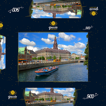 Darstellung des Puzzle Motivs Schloss Christiansborg auf der Insel Slotsholmen am Holmenskanal mit Rundfahrtboot, Kopenhagen, Dänemark 500 Puzzle Schachtel 3D Modell
