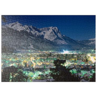 Darstellung des Puzzle Motivs puzzleplate Blick über Garmisch-Partenkirchen zur Zugspitzgruppe (2962m) bei Nacht, Oberbayern 500 Puzzle